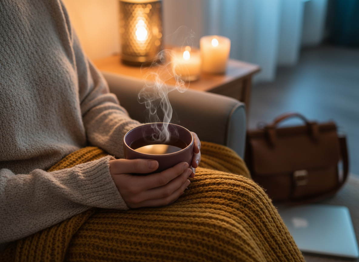 Hands holding a steaming mug of tea in a lamp-lit armchair with a mustard throw, a work bag set aside on the floor