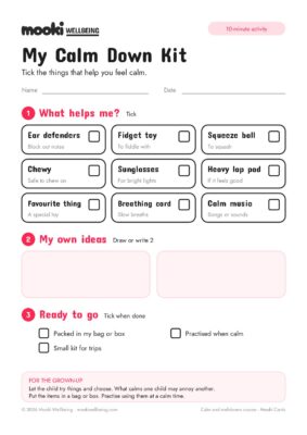 Blank My Calm Down Kit worksheet with nine ideas to tick, such as ear defenders, fidget toy and calm music, two boxes for my own ideas, and a Ready to go checklist.