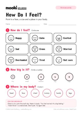 Blank How Do I Feel? worksheet with nine feeling faces, including Overloaded and Not sure, a 1 to 5 size scale from tiny to huge, and body parts to circle.