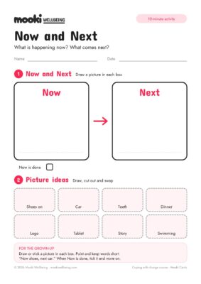 Blank Now and Next worksheet with a big Now box and a big Next box joined by an arrow, and eight picture idea boxes such as Shoes on, Car, Teeth and Dinner.