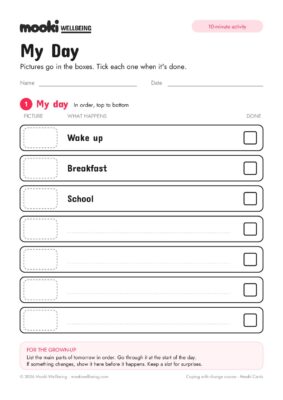 Blank My Day visual timetable with seven rows: a picture box, what happens (starting with Wake up, Breakfast and School) and a Done tickbox.