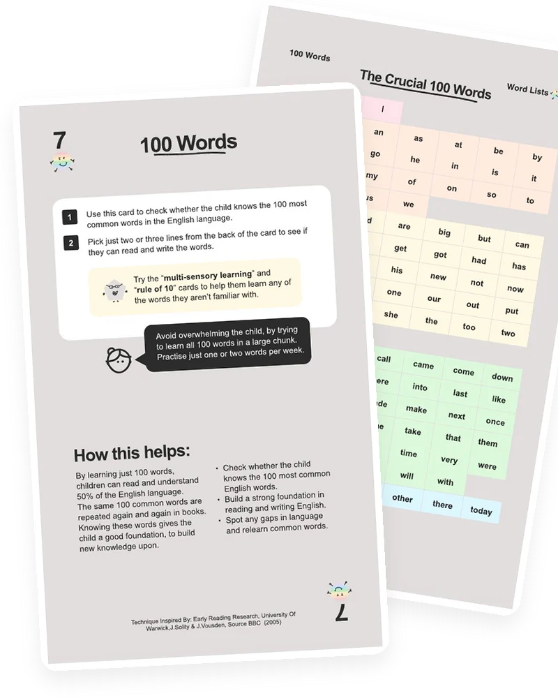 The 100 Words card from the Mooki Cards deck, with its activity page peeking out behind.