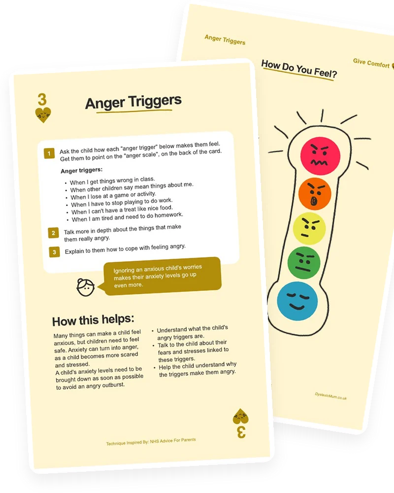 The Anger Triggers card from the Mooki Cards deck, with its activity page peeking out behind.