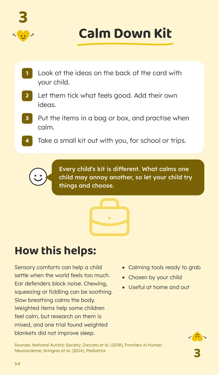 The Calm Down Kit card from the Mooki Cards Autism deck.