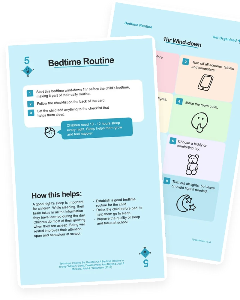 The Bedtime Routine card from the Mooki Cards deck, with its activity page peeking out behind.