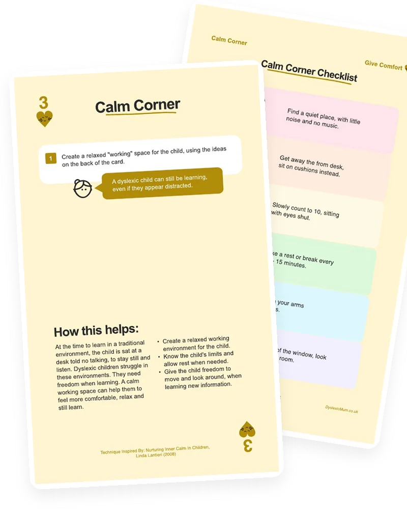 The Calm Corner card from the Mooki Cards deck, with its activity page peeking out behind.