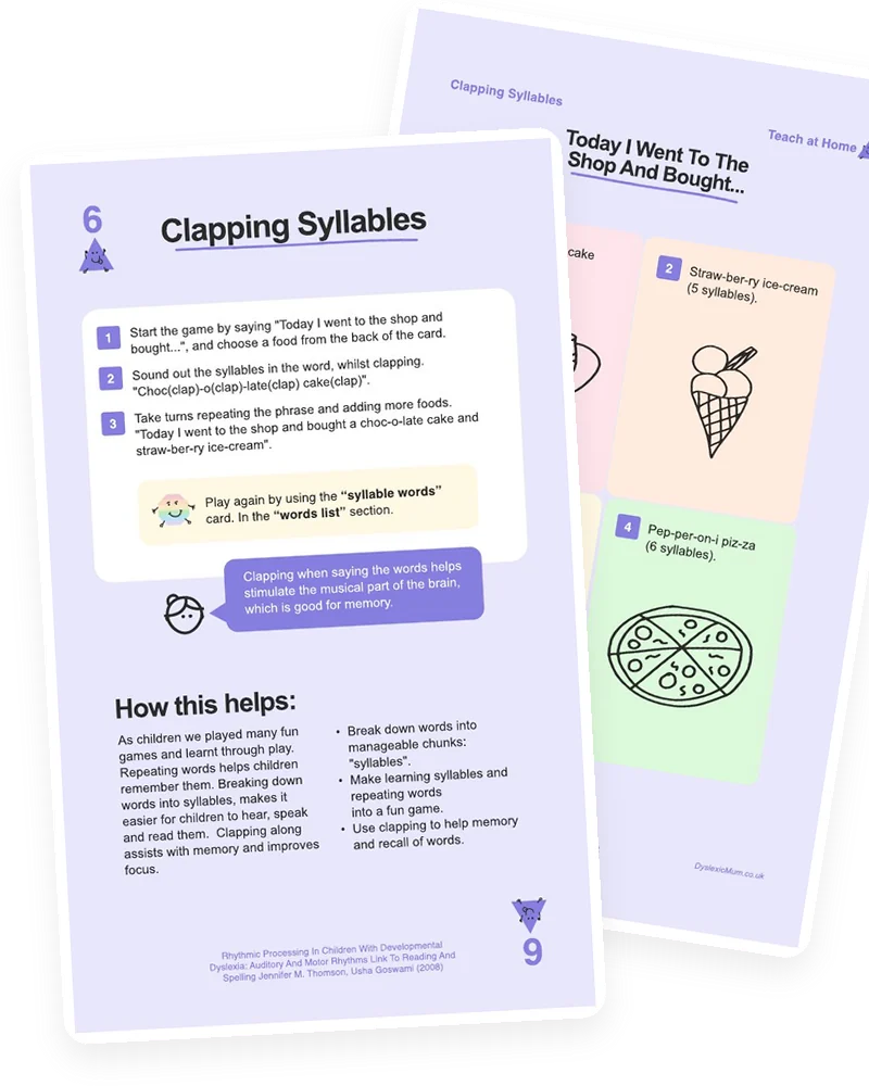 The Clapping Syllables card from the Mooki Cards deck, with its activity page peeking out behind.