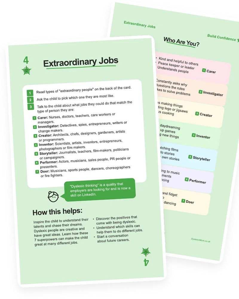 The Extraordinary Jobs card from the Mooki Cards deck, with its activity page peeking out behind.
