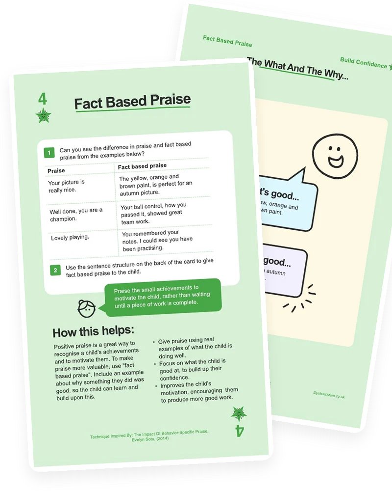 The Fact Based Praise card from the Mooki Cards deck, with its activity page peeking out behind.