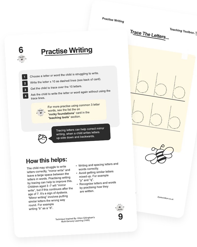 The Practise Writing card from the Mooki Cards deck, with its activity page peeking out behind.