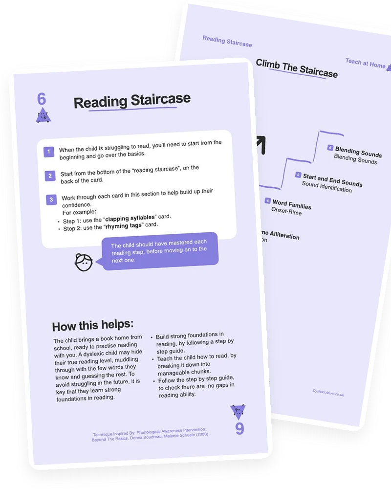 The Reading Staircase card from the Mooki Cards deck, with its activity page peeking out behind.