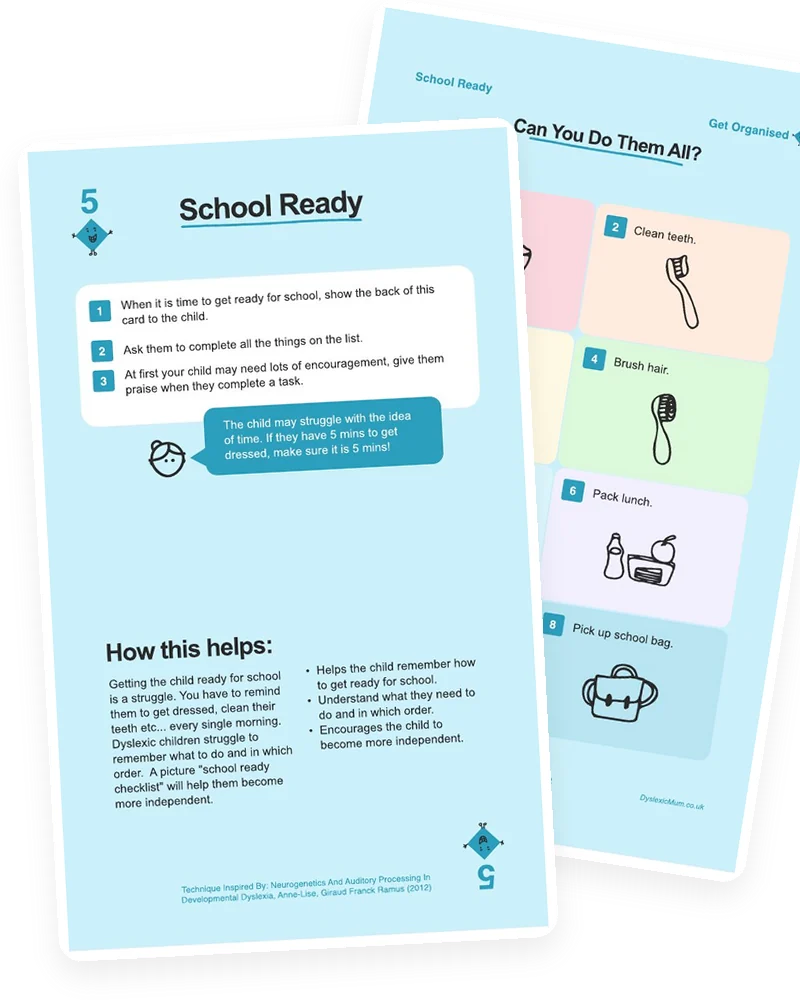 The School Ready card from the Mooki Cards deck, with its activity page peeking out behind.