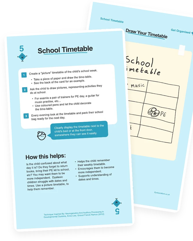 The School Timetable card from the Mooki Cards deck, with its activity page peeking out behind.