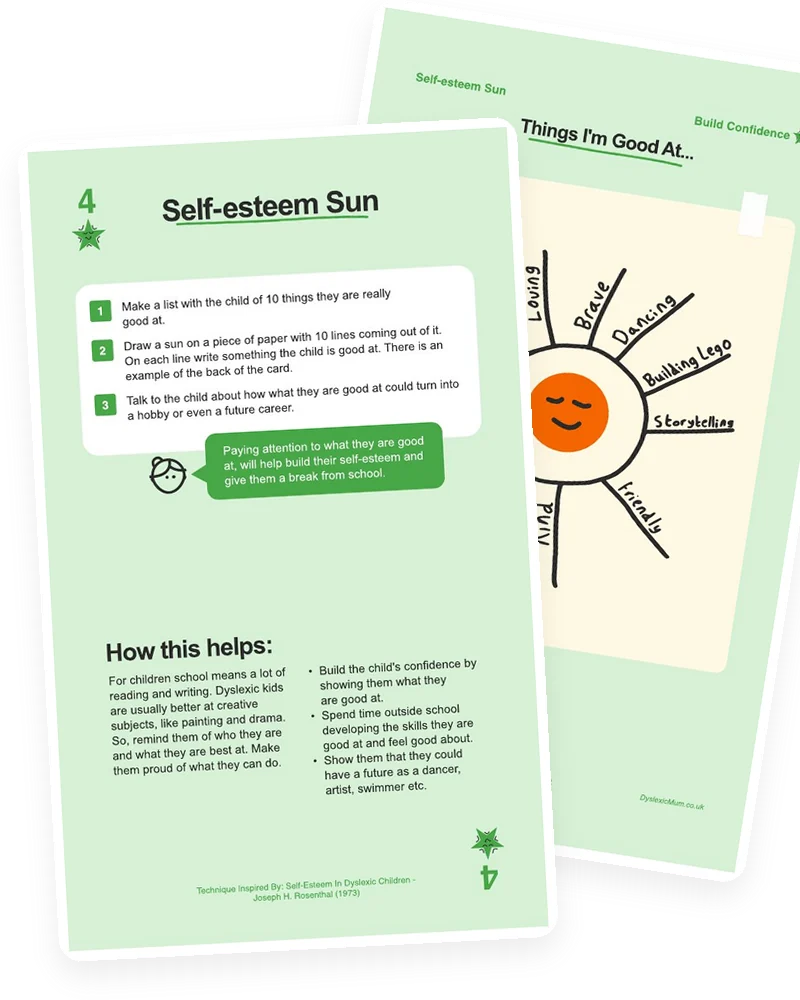 The Self-esteem Sun card from the Mooki Cards deck, with its activity page peeking out behind.