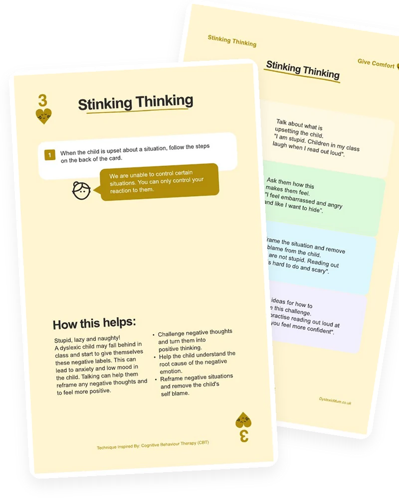 The Stinking Thinking card from the Mooki Cards deck, with its activity page peeking out behind.