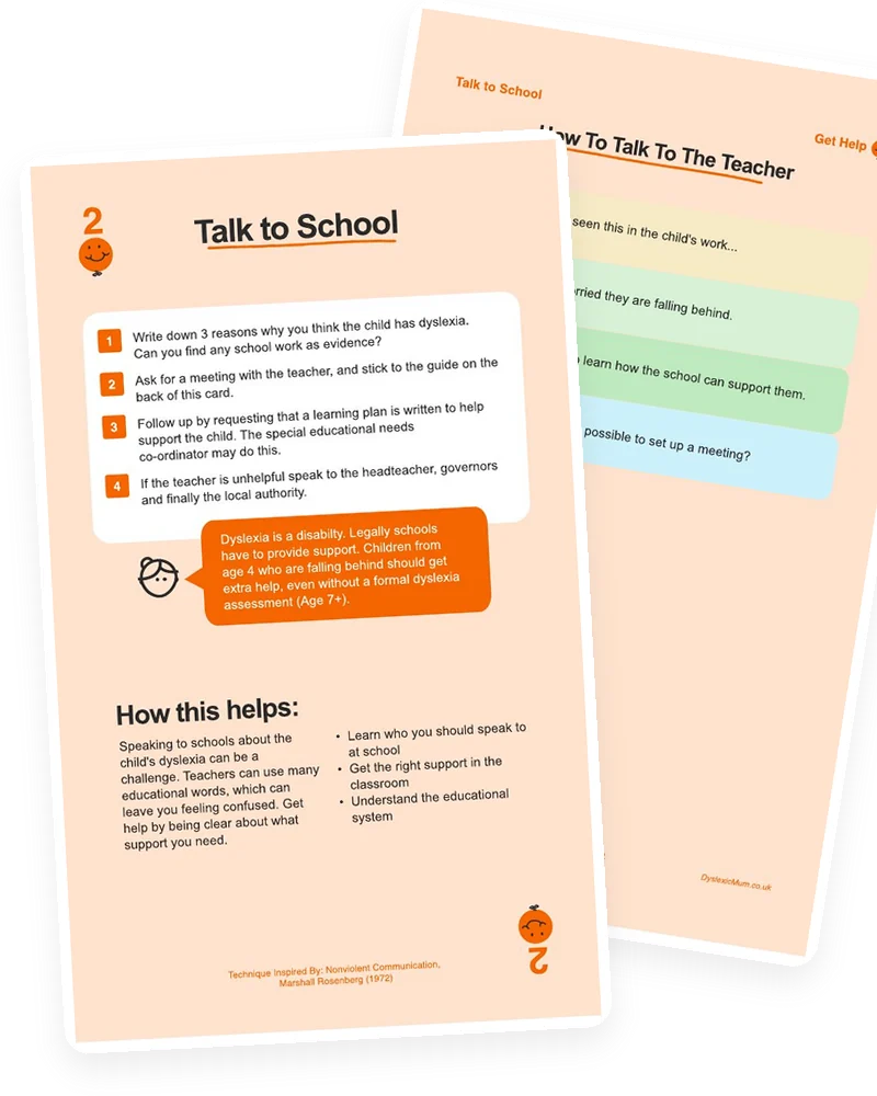 The Talk to School card from the Mooki Cards deck, with its activity page peeking out behind.