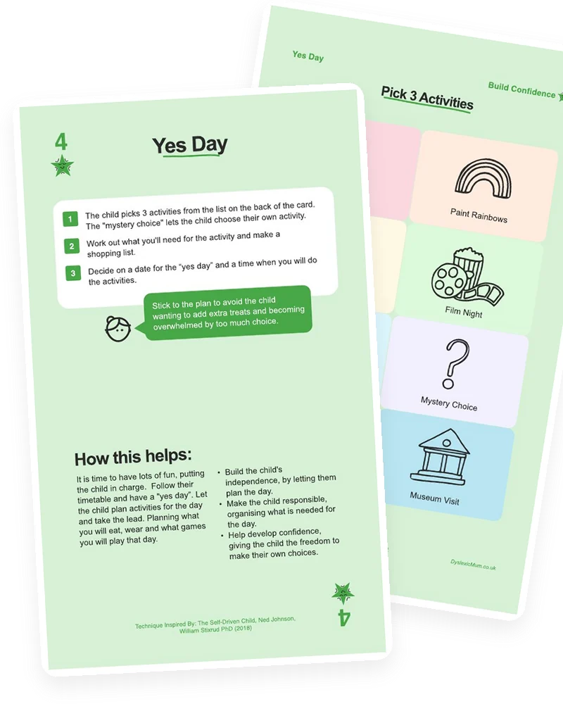 The Yes Day card from the Mooki Cards deck, with its activity page peeking out behind.