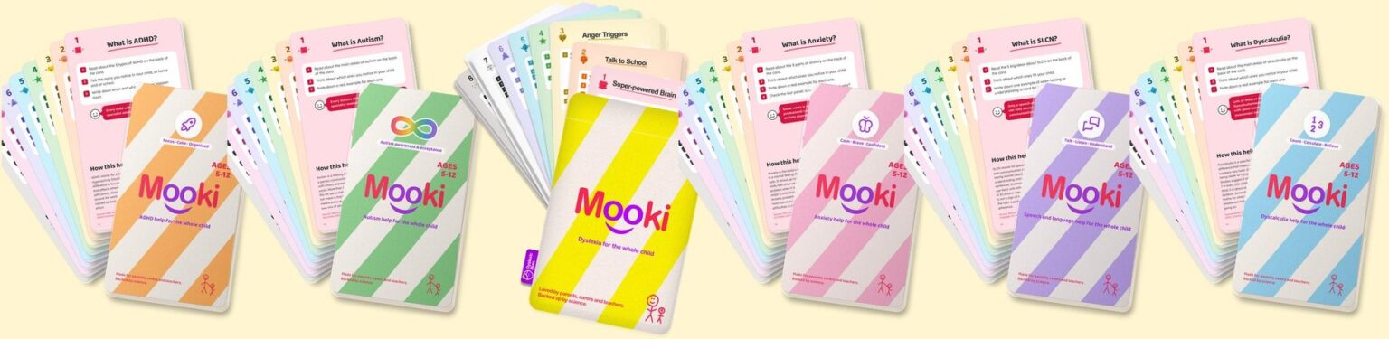 The six Mooki Cards decks fanned out: ADHD, autism, dyslexia, anxiety, speech and language, and dyscalculia