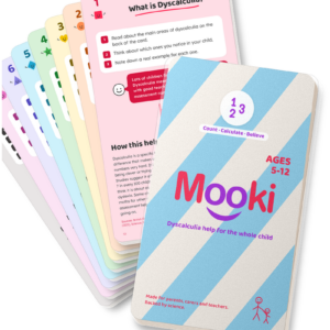 The Mooki Cards dyscalculia deck with its blue stripe cover