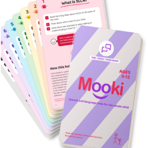 The Mooki Cards speech and language deck with its lilac stripe cover
