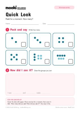 Blank Quick Look worksheet with six boxes of dot patterns, each with a small box to write how many, and a space to draw the groups you saw.