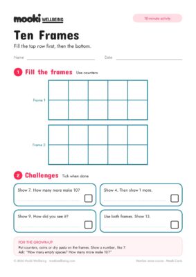 Blank Ten Frames worksheet with two empty ten frames to fill with counters, and four challenge boxes with tickboxes.