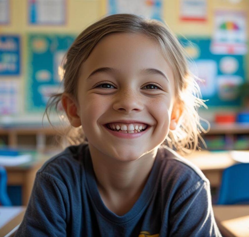 A smiling girl looking straight at the camera