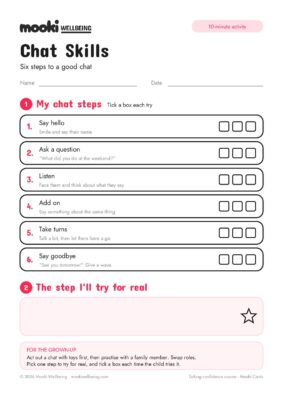 Blank Chat Skills worksheet with six chat steps, say hello, ask a question, listen, add on, take turns and say goodbye, each with three tick boxes, and a box for the step I'll try for real.
