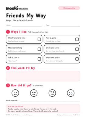 Blank Friends My Way worksheet with six ways to be with friends to tick, a box for this week I'll try, and faces to circle for how it went, with a line for what went well.